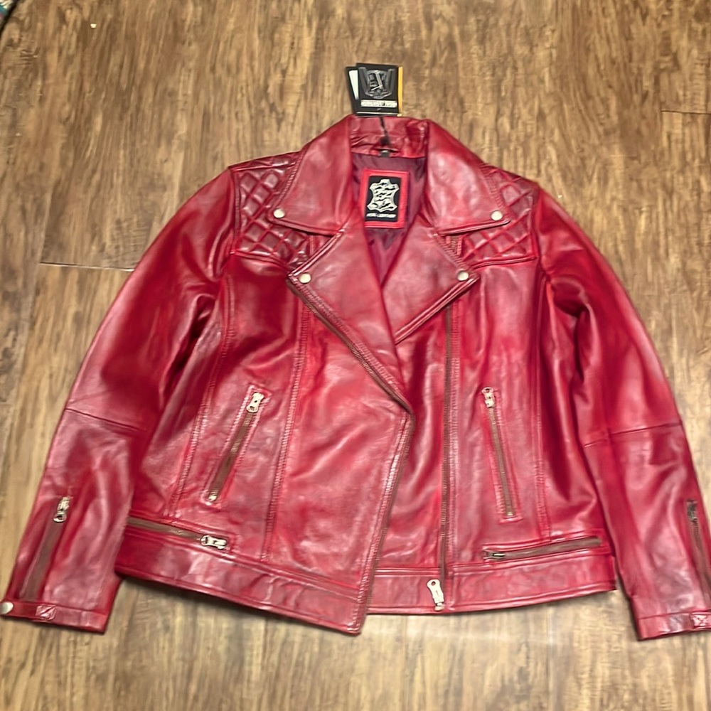 Red leather moto jacket 3x